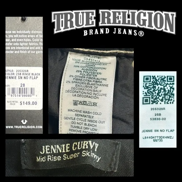 NWT’s True Religion Jennie Curvy Mid-Rise Super Skinny Jeans, Size 28