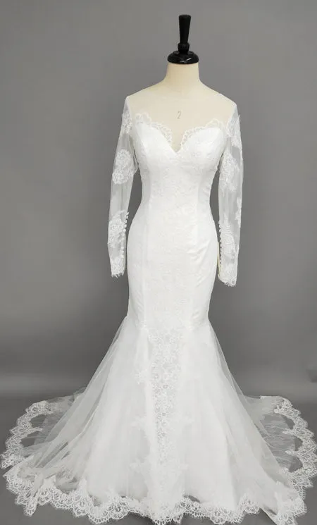 Off Shoulder Long-sleeved Sweetheart Backless Court Train Lace Dress-Z704006
