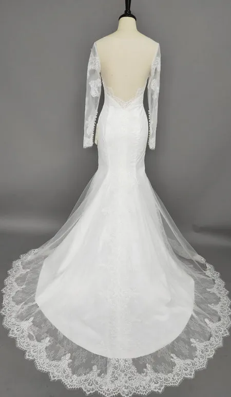 Off Shoulder Long-sleeved Sweetheart Backless Court Train Lace Dress-Z704006