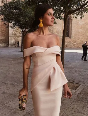 Off-the-Shoulder Pearl Pink Satin Cocktail Homecoming Party Dresses with Ruffles, TYP0983