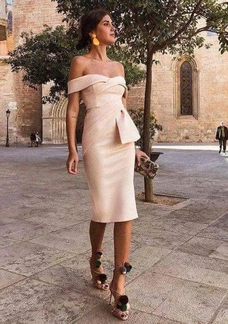 Off-the-Shoulder Pearl Pink Satin Cocktail Homecoming Party Dresses with Ruffles, TYP0983