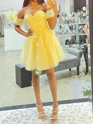 Off the Shoulder Short Yellow Floral Prom Dresses, Short Yellow Floral Graduation Homecoming Dresses