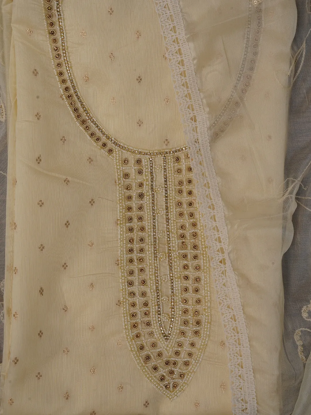 Off White Cotton Woven Design Embellished Dress Material with Dupatta