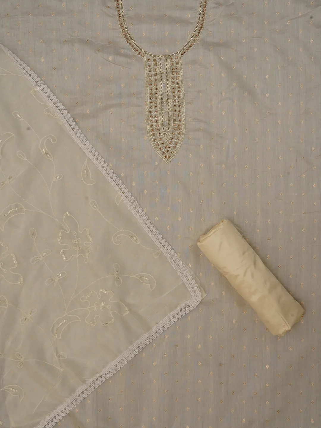 Off White Cotton Woven Design Embellished Dress Material with Dupatta
