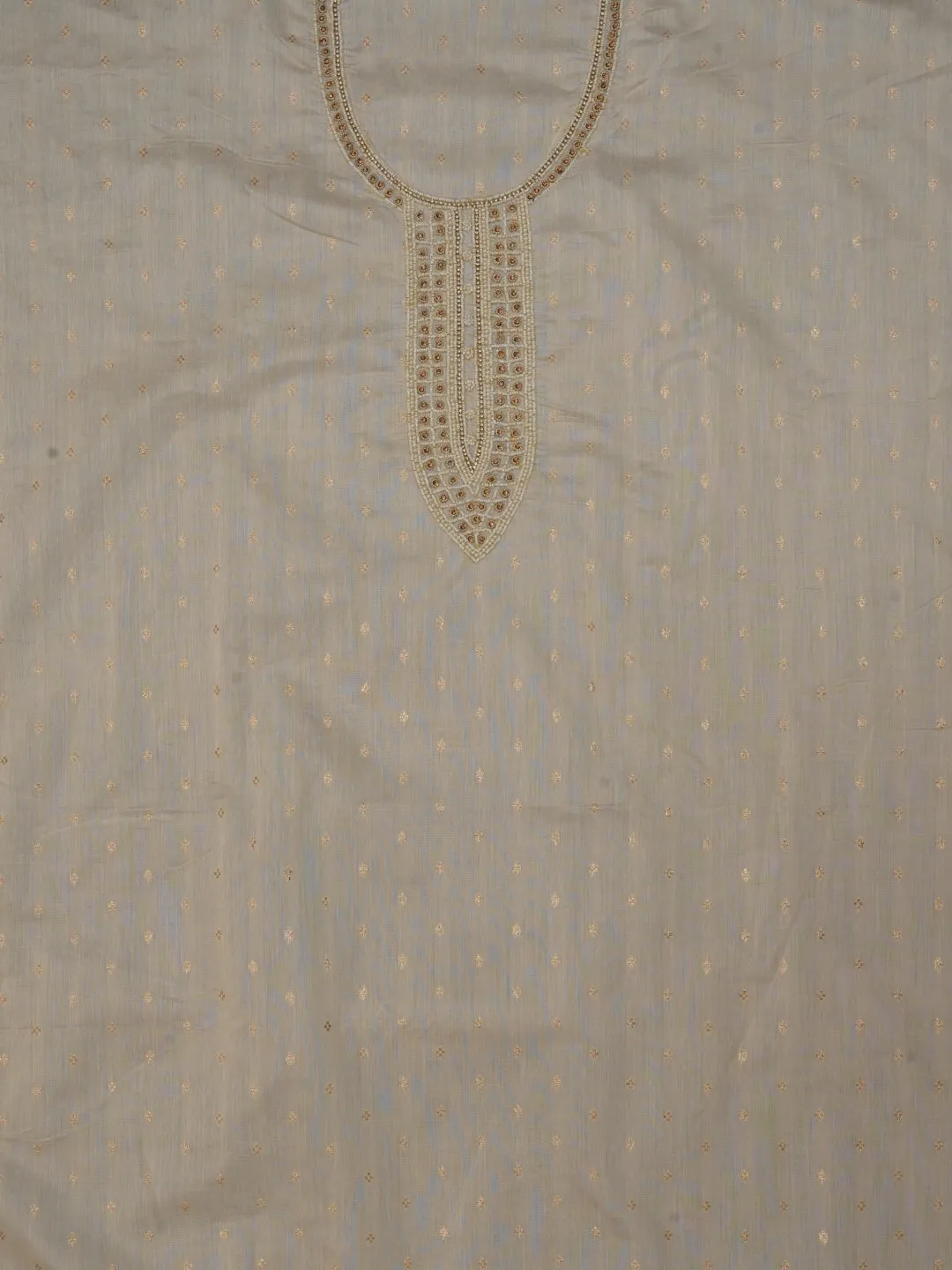 Off White Cotton Woven Design Embellished Dress Material with Dupatta
