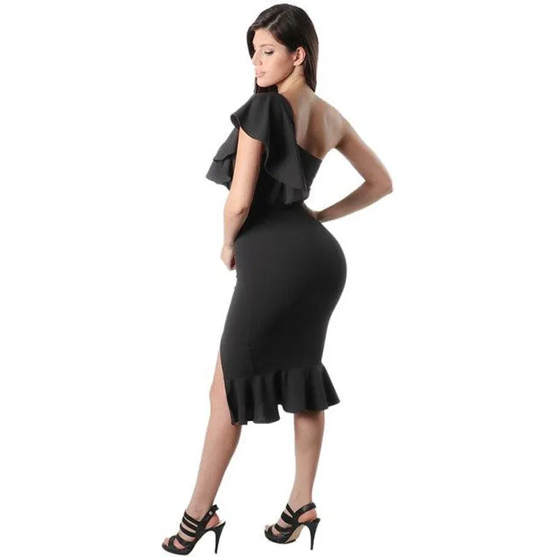 One Shoulder Bodycon Dress with Ruffle Layer Accent
