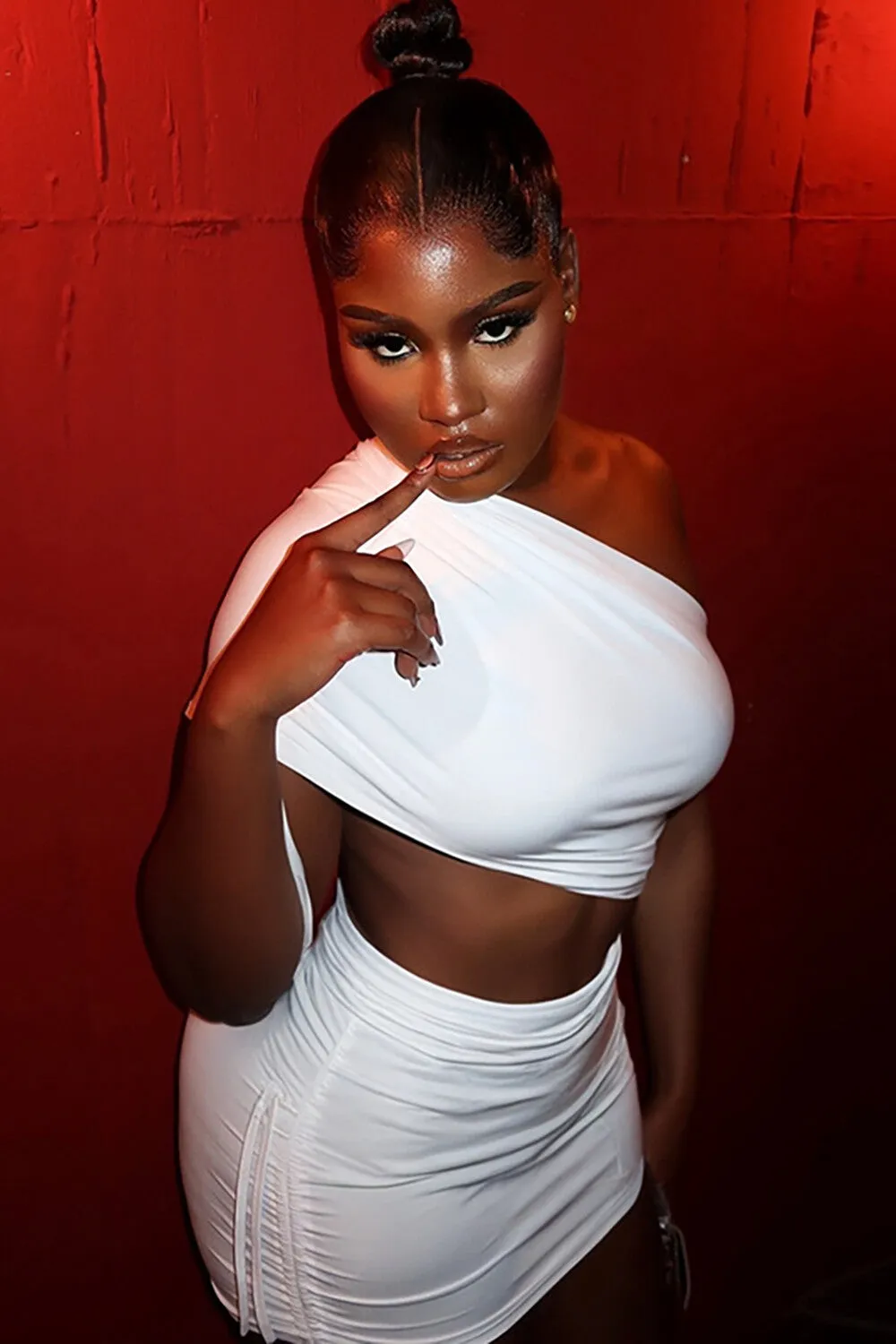 One Shoulder Drawstring Ruched Cutout Bodycon Plain Mini Dresses-White