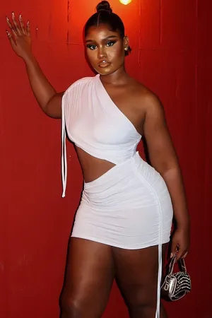 One Shoulder Drawstring Ruched Cutout Bodycon Plain Mini Dresses-White