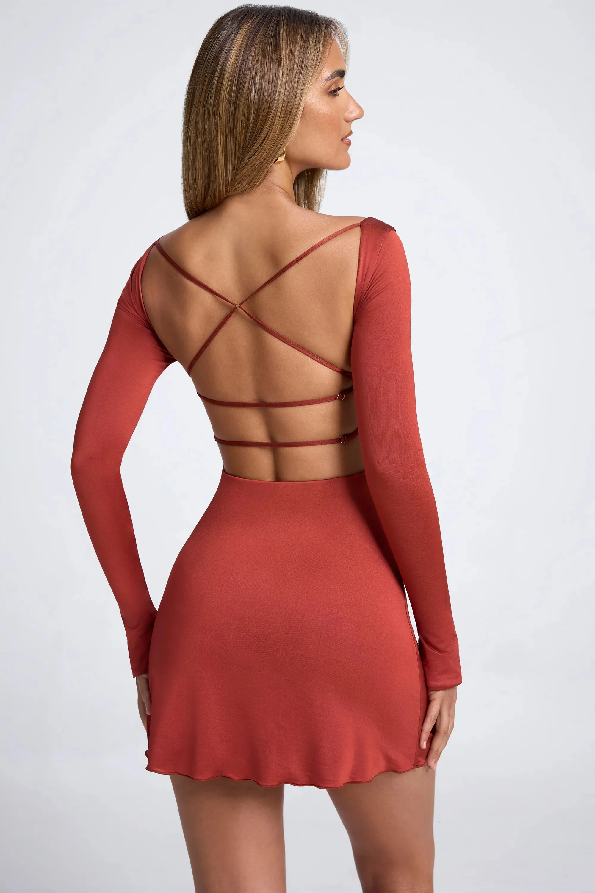 Open-Back A-line Mini Dress in Auburn Brown