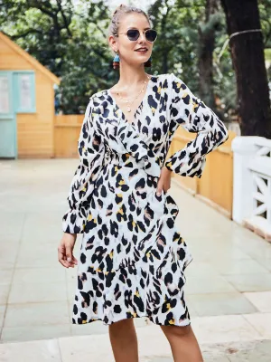 Original Design Leopard V-neck New Autumn Women's Dress Slim Long-sleeved Skirt Female