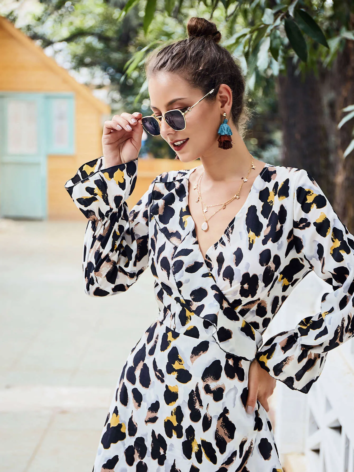Original Design Leopard V-neck New Autumn Women's Dress Slim Long-sleeved Skirt Female