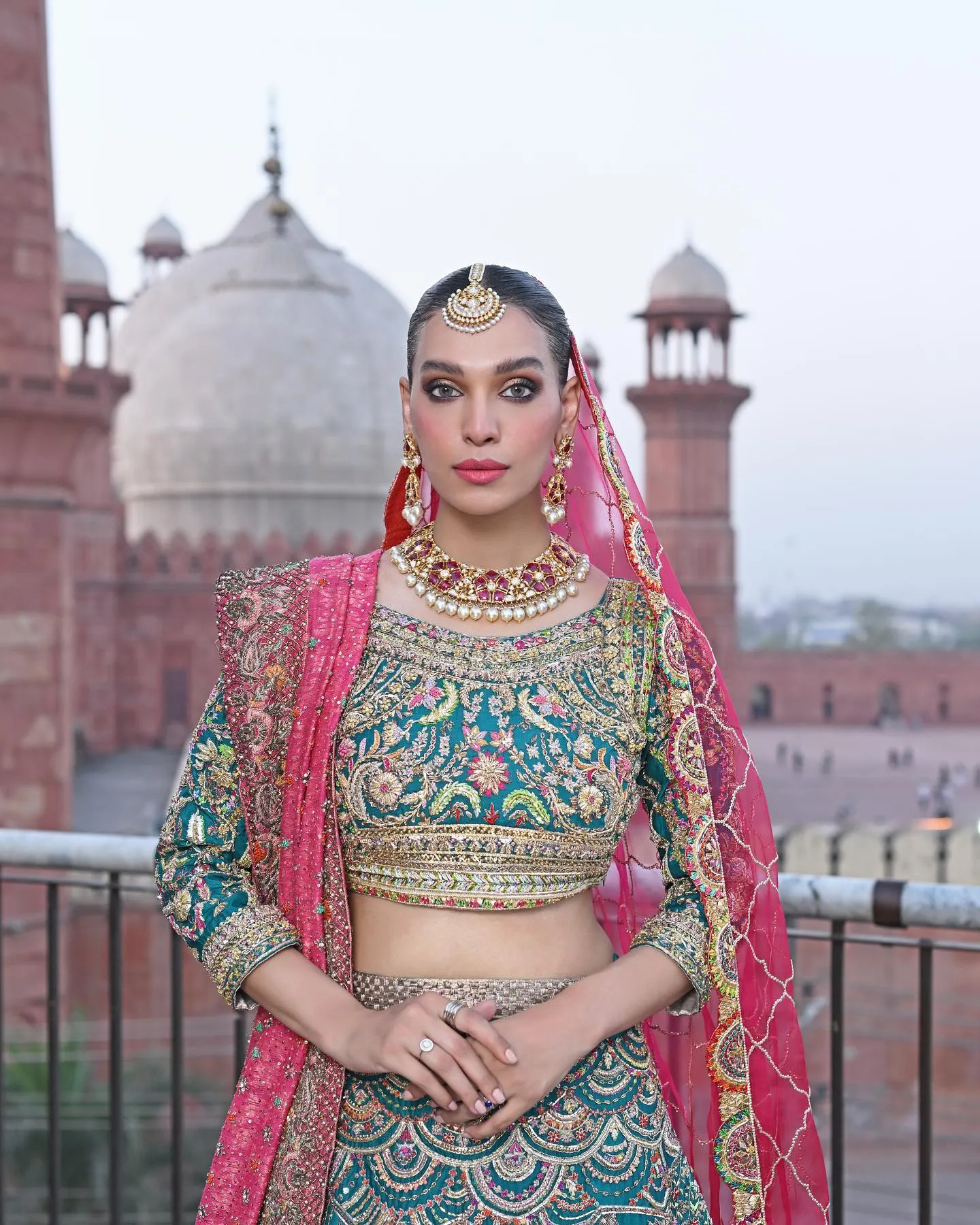 Pakistani Teal Blue Bridal Lehenga Choli and Dupatta