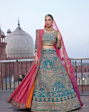 Pakistani Teal Blue Bridal Lehenga Choli and Dupatta