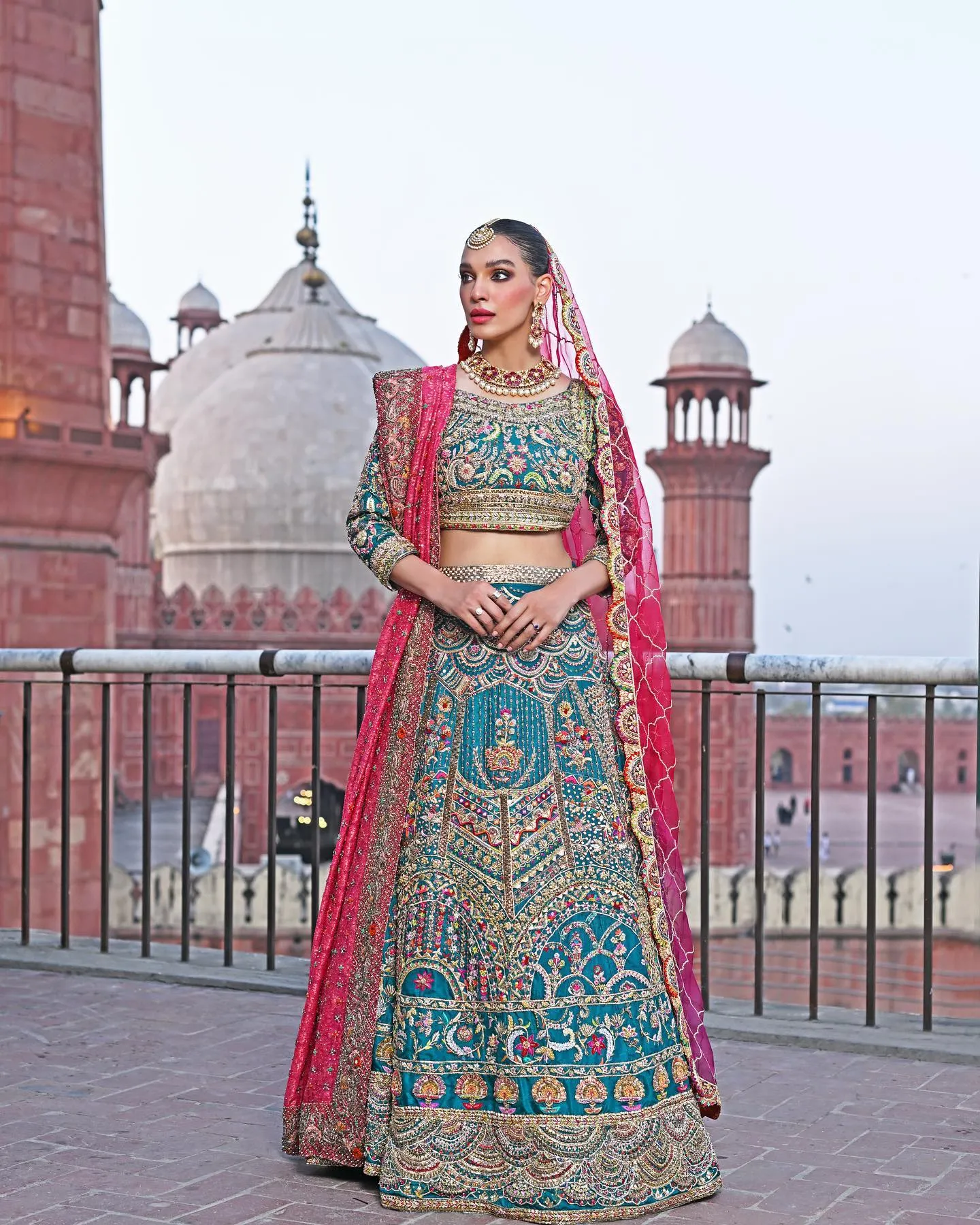 Pakistani Teal Blue Bridal Lehenga Choli and Dupatta
