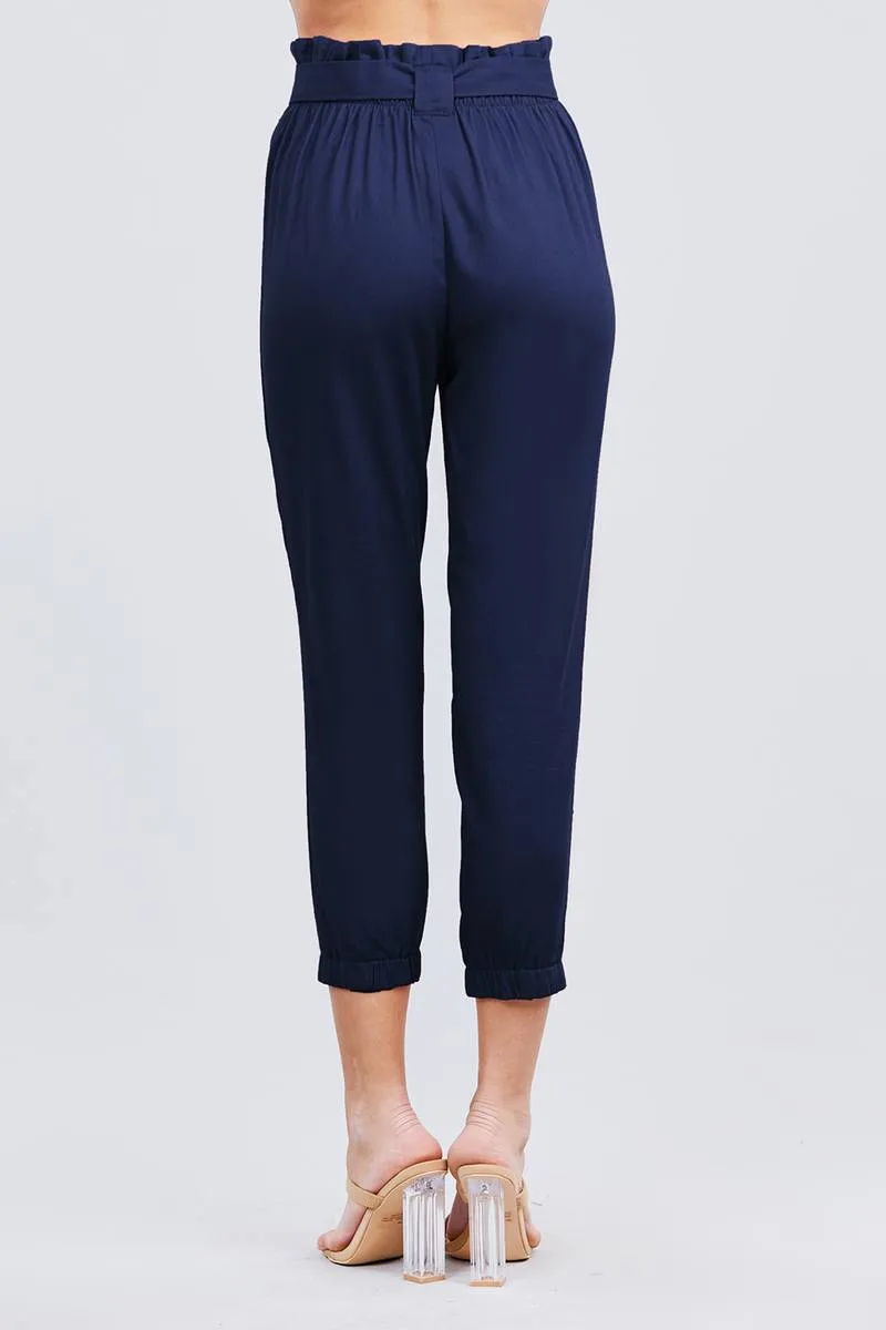 Paperbag W/bow Tie Elastic Hem Long Linen Pants