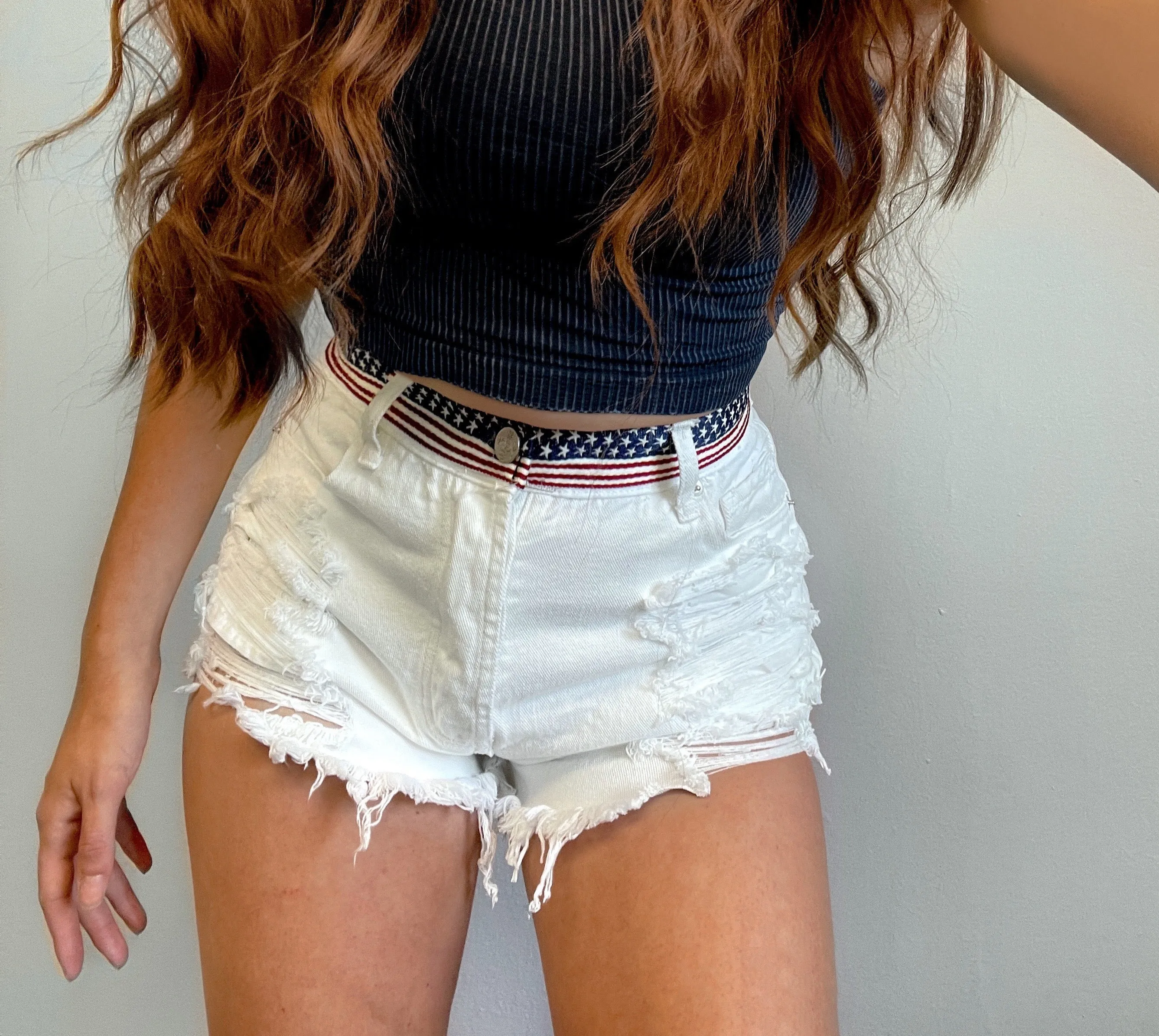 Patriotic Distressed High Waisted Denim Shorts  - American Flag Stars - The Amelia