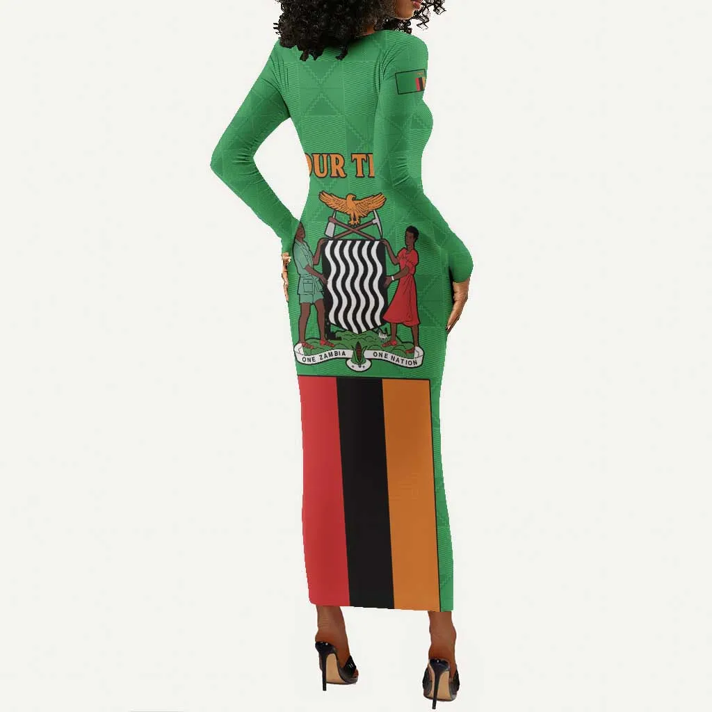 Personalised Afro Zambia Long Sleeve Bodycon Dress Flag Style Mix Kente Pattern LT15