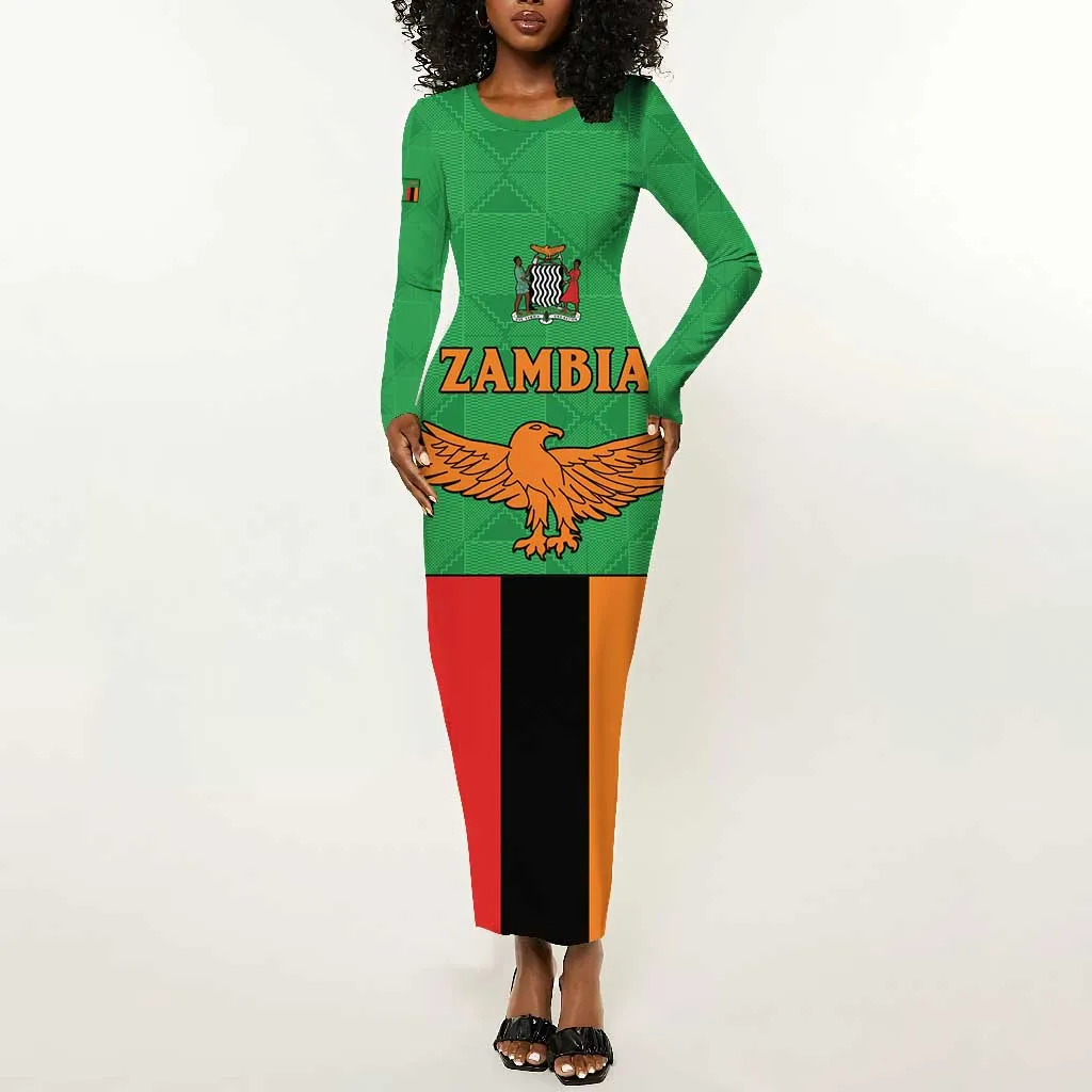 Personalised Afro Zambia Long Sleeve Bodycon Dress Flag Style Mix Kente Pattern LT15