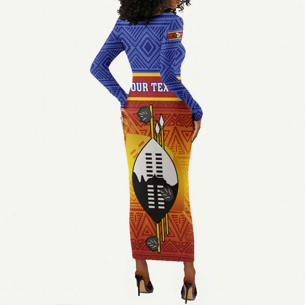 Personalised Eswatini Independence Day Long Sleeve Bodycon Dress Swaziland Nguni Shield Gradient African Pattern LT14