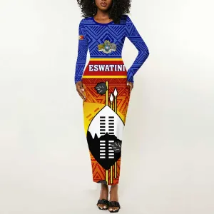 Personalised Eswatini Independence Day Long Sleeve Bodycon Dress Swaziland Nguni Shield Gradient African Pattern LT14