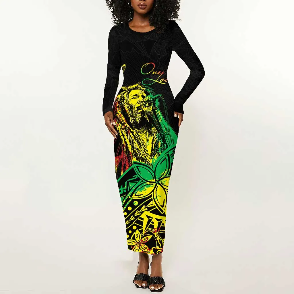 Personalised Jawaiian Reggae Long Sleeve Bodycon Dress Afro-Polynesian Style LT7
