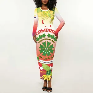 Personalized Comoros Long Sleeve Bodycon Dress Coat Of Arms Mix Ylang Ylang Flower LT14