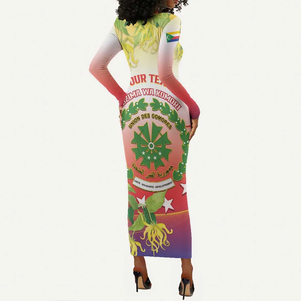 Personalized Comoros Long Sleeve Bodycon Dress Coat Of Arms Mix Ylang Ylang Flower LT14
