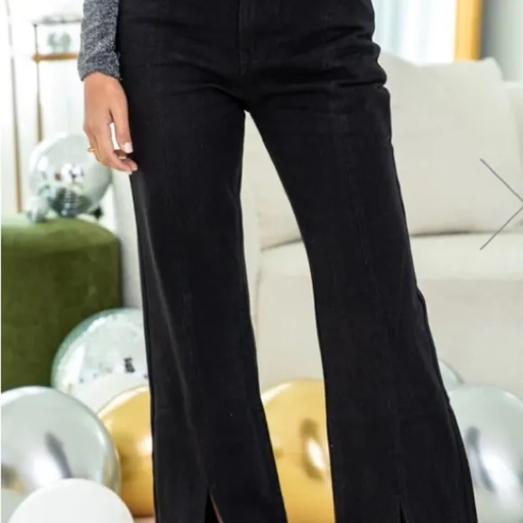 Pink Lily Split Front Black Denim High Waisted Jeans