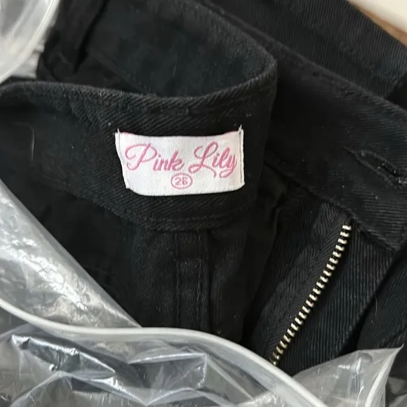 Pink Lily Split Front Black Denim High Waisted Jeans