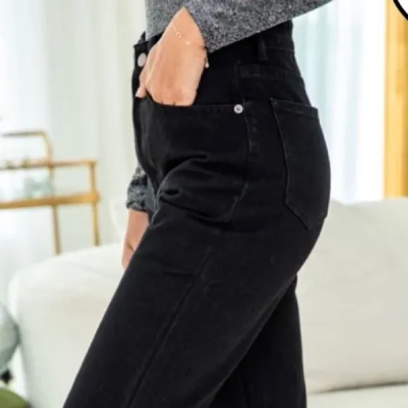 Pink Lily Split Front Black Denim High Waisted Jeans