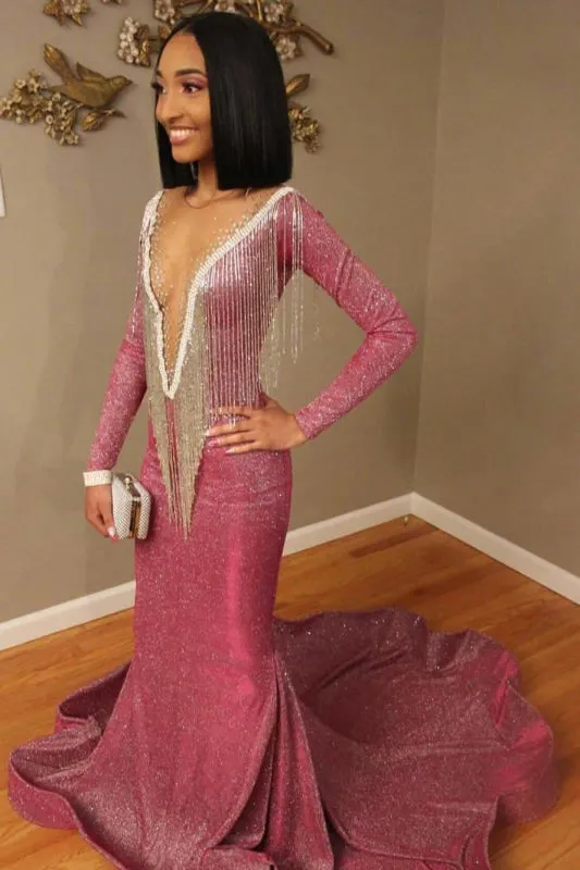 Pink Long SLeeves Deep V-Neck Mermaid Prom Dresses