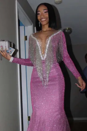 Pink Long SLeeves Deep V-Neck Mermaid Prom Dresses
