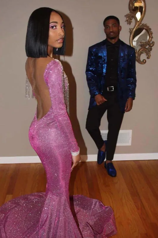 Pink Long SLeeves Deep V-Neck Mermaid Prom Dresses
