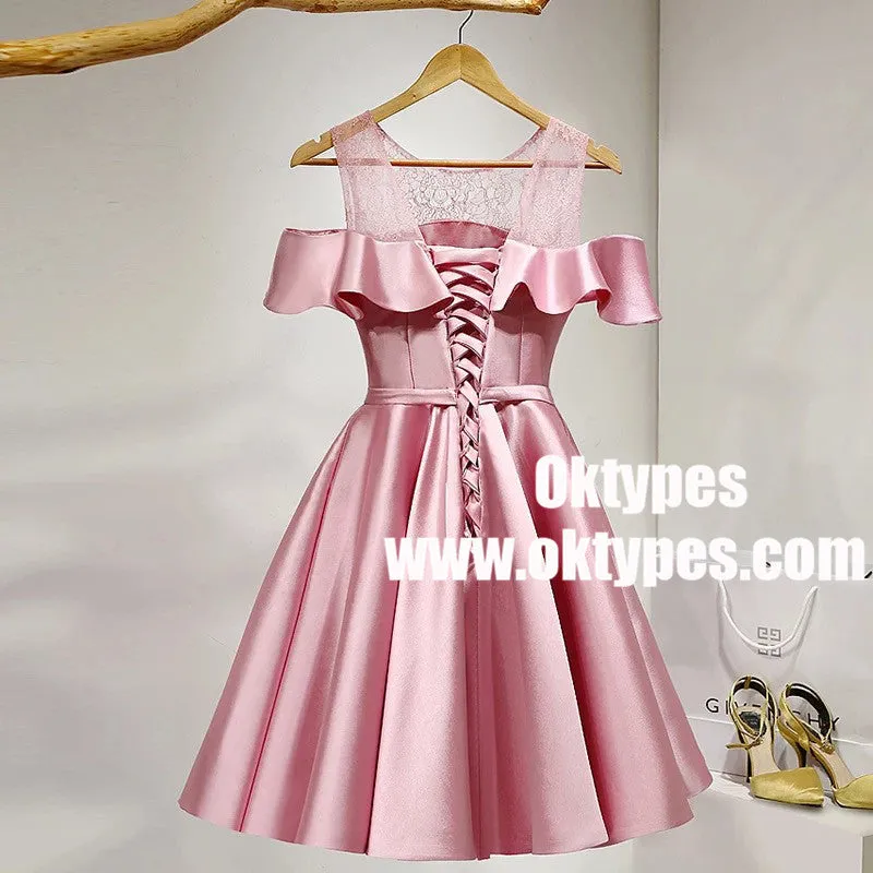 Pink Off Shoulder Satin Girls Cocktail Homecoming Dresses, TYP0962
