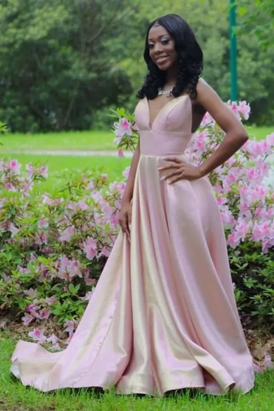 Pink Spaghetti Strap Open Back Sleeveless Floor Length Prom Dresses