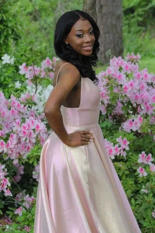 Pink Spaghetti Strap Open Back Sleeveless Floor Length Prom Dresses
