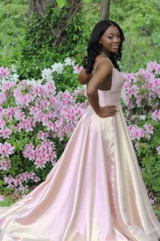 Pink Spaghetti Strap Open Back Sleeveless Floor Length Prom Dresses