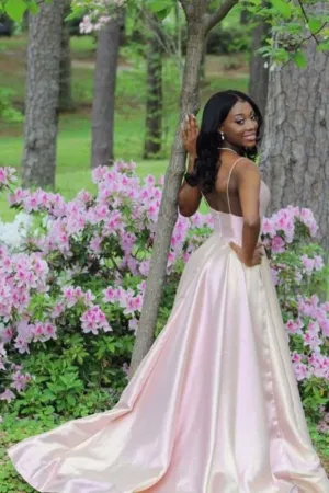 Pink Spaghetti Strap Open Back Sleeveless Floor Length Prom Dresses