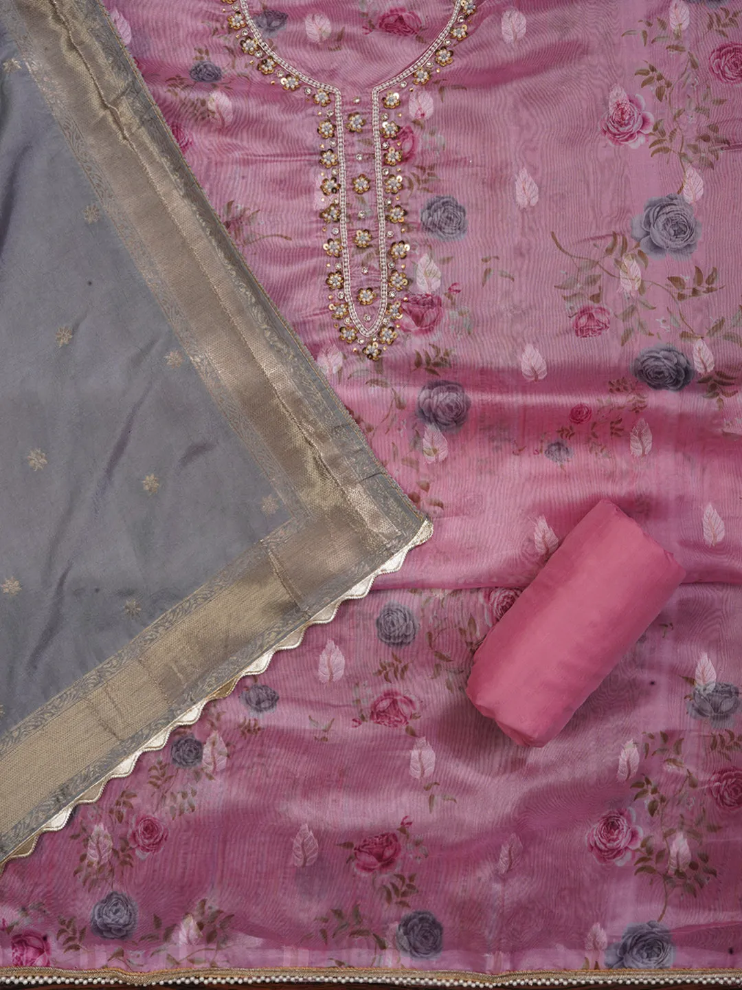 Pink Zari Embellished Organza Dress Material with Dupatta