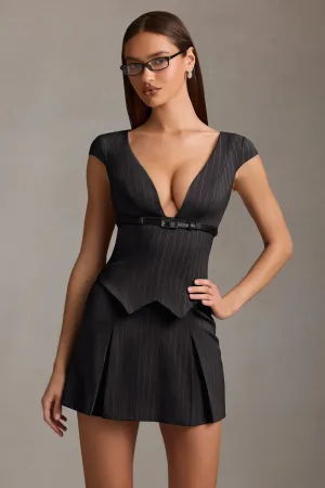 Pinstripe Pleated Waistcoat Mini Dress in Black