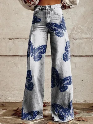 Piper - Blue Butterfly Print Wide Leg Pants