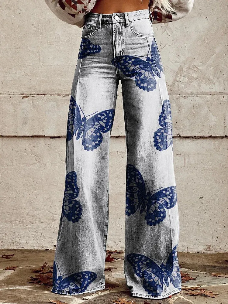 Piper - Blue Butterfly Print Wide Leg Pants