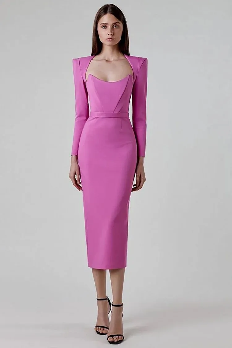 Plain Irregular Neck Corset Long Sleeve Bodycon White Midi Dresses
