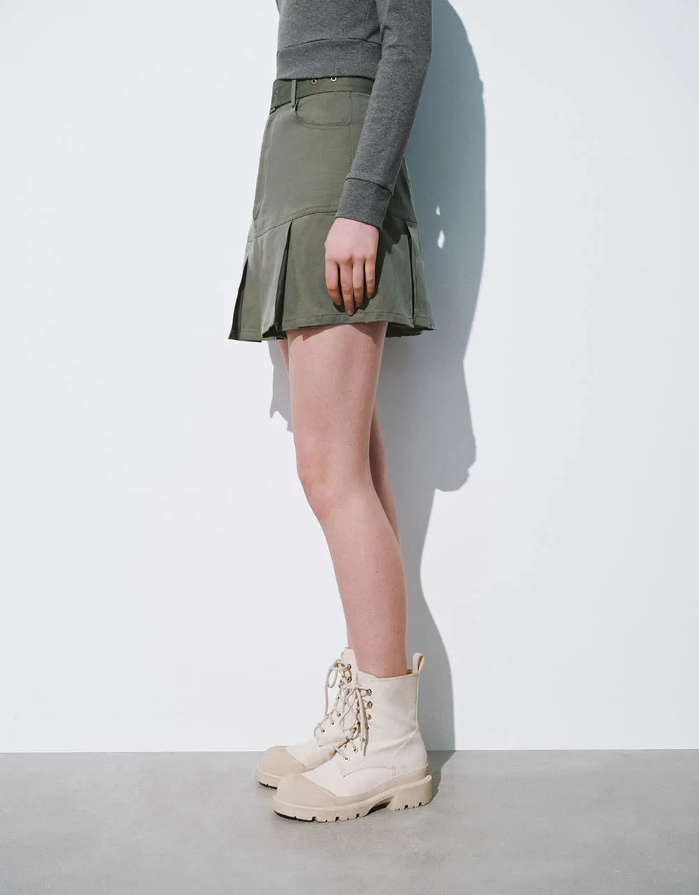 Pleated Mini A-Line Skirt With Belt