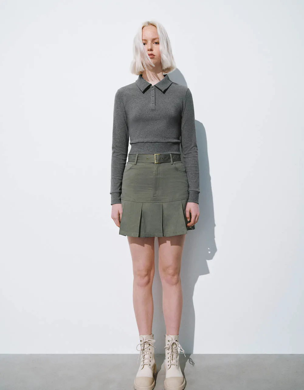 Pleated Mini A-Line Skirt With Belt