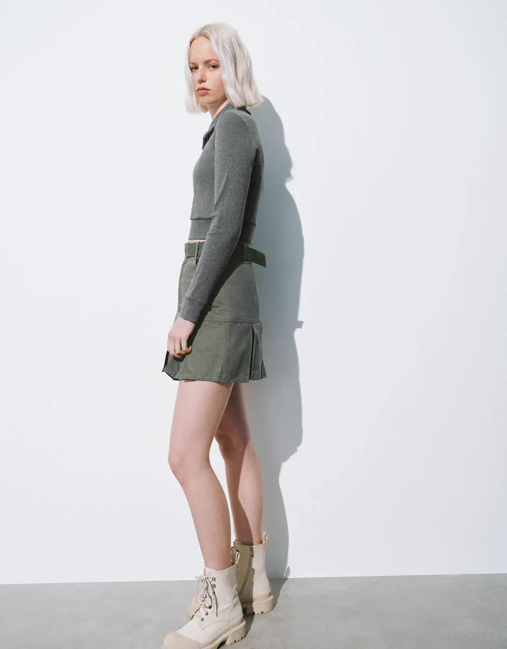 Pleated Mini A-Line Skirt With Belt