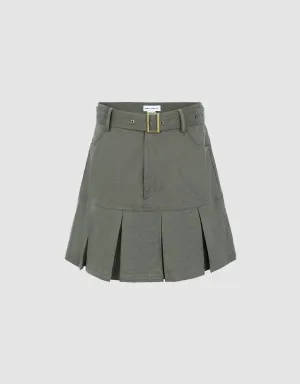 Pleated Mini A-Line Skirt With Belt