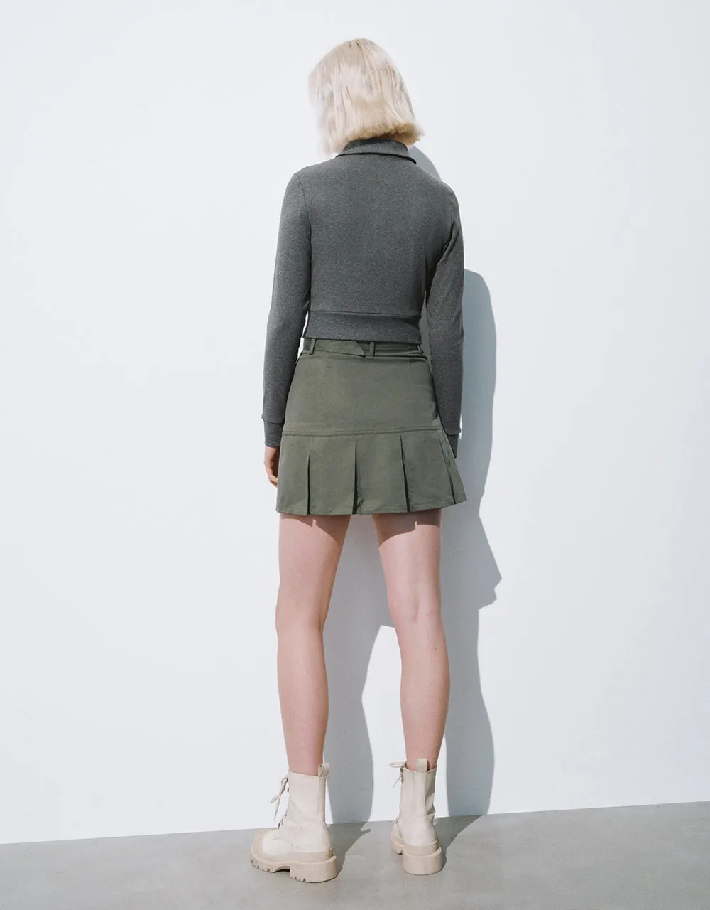 Pleated Mini A-Line Skirt With Belt