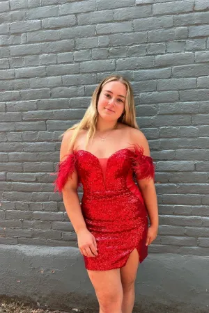 Plunging Off-the-Shoulder Sequins Homecoming Dresses with Feathers