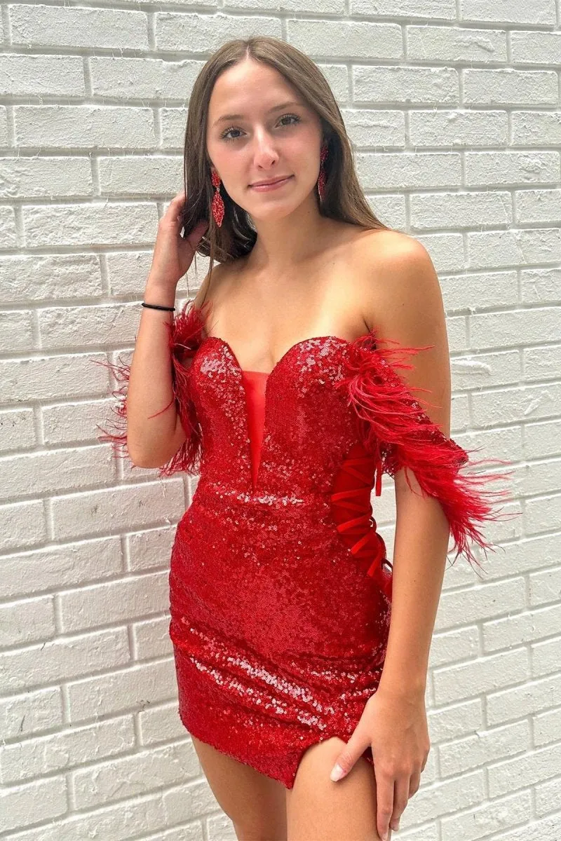 Plunging Off-the-Shoulder Sequins Homecoming Dresses with Feathers